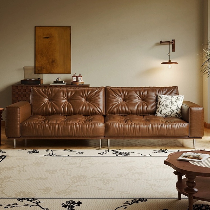 Nordic Italian Minimalist Leather Art Sofa Living Room Small Apartment High-End Home Light Luxury Double or Three Person Straight Row Leisure Sofa
