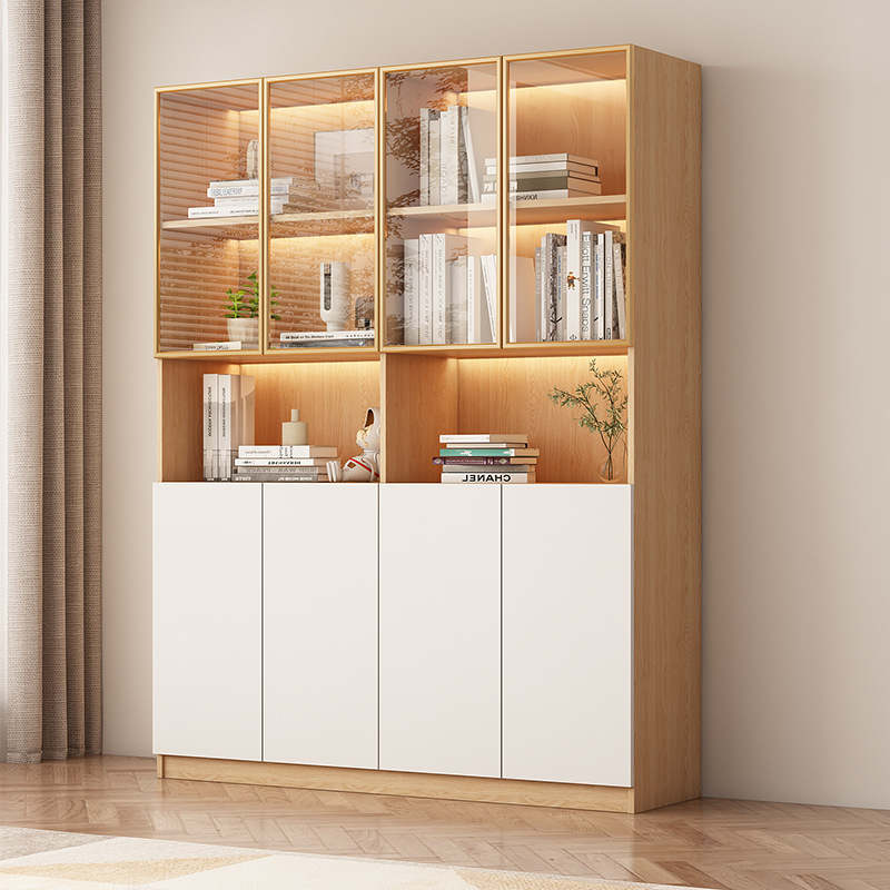 Customized Solid Wood Bookcase with Glass Door Integrated Wall Storage Cabinet Home Living Room Display Cabinet Wine Cabinet 2025 New