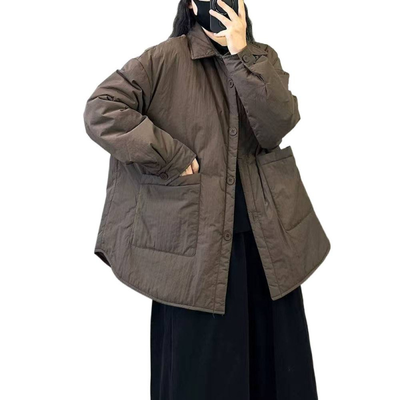 复古慵懒风轻薄棉衣女装秋冬季新款大码宽松显瘦纯色保暖棉服外套|undefined