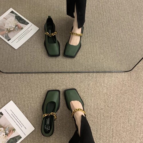Metal chain square toe retro loafers for single women  new British versatile Mary Jane small leather shoes for women