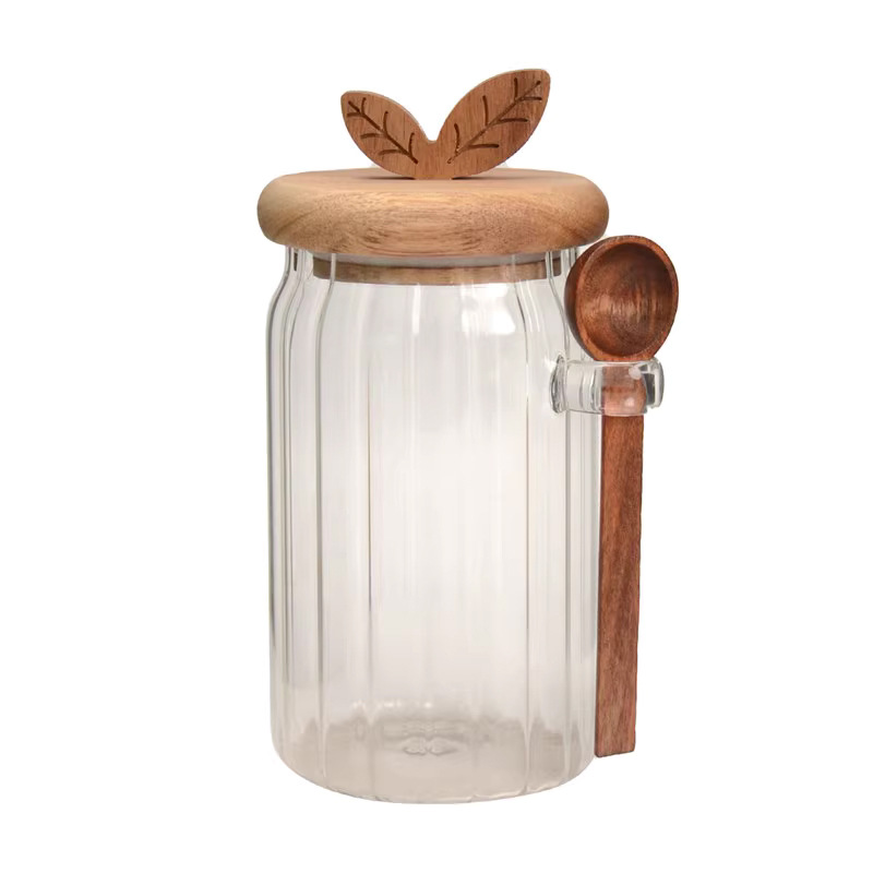 Cocina doméstica vidrio transparente sellado tanque con cuchara Acacia cubierta de madera de té tanque de almacenamiento a prueba de humedad condimento tanque de almacenamiento