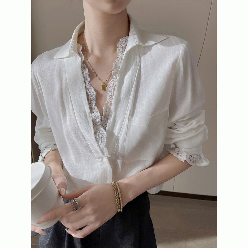 Pinkeen White V-Neck Lace Splicing Long-Sleeved Shirt for Women Spring 2026 New Age-Reducing Fashion High-End Top