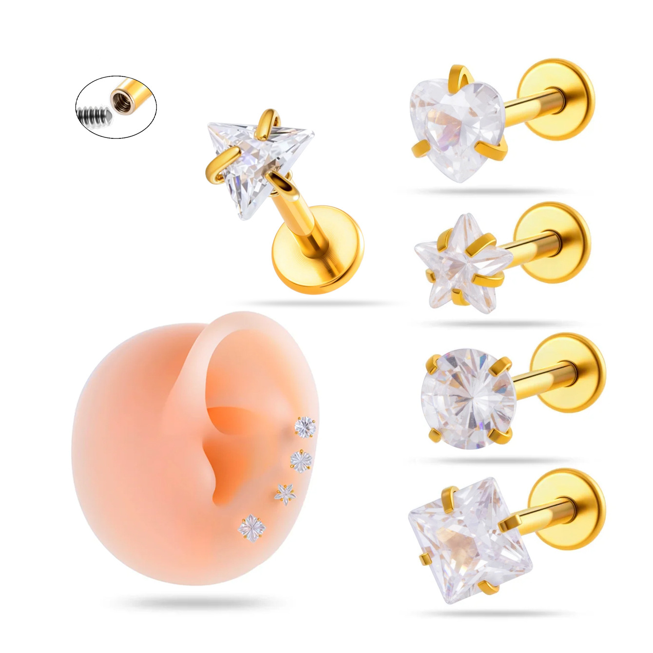 G23 Titanium Alloy With 3MM Heart, Triangle, Square, Pentagram, Round Zirconia Internal Thread Lip And Ear Bone Piercing_voghion.com