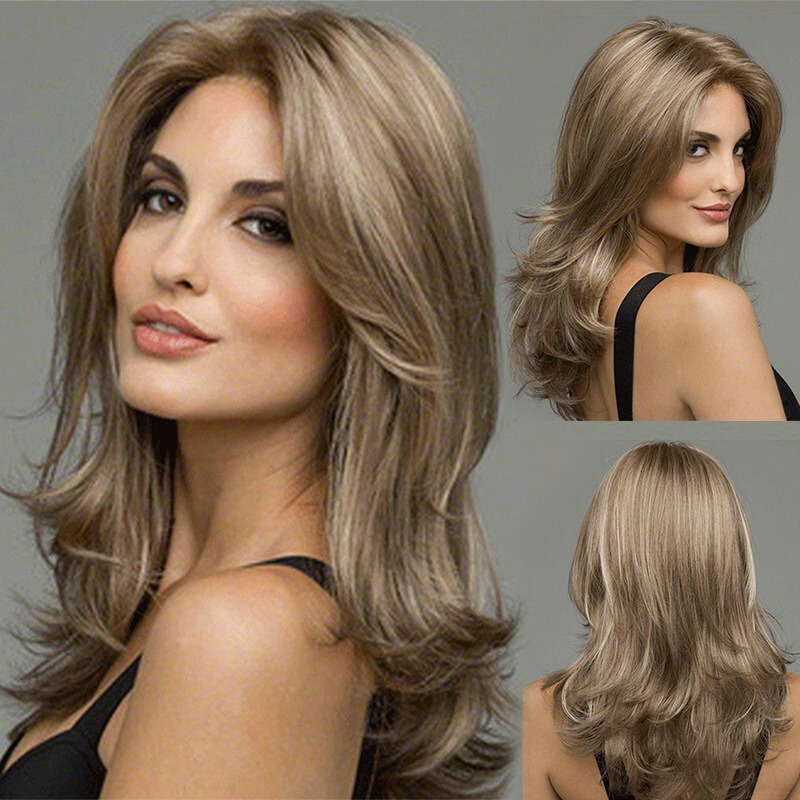 Cross-Border Long Straight Hair Wig for Women with Medium Bangs, Fluffy Elegant Women's Wig, Layered Brown Slightly Curly Wig