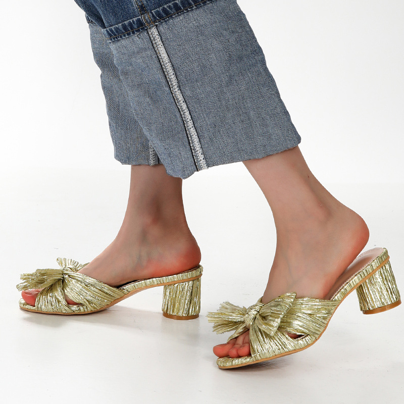 Sandalias de verano 2025 para mujer con tacón grueso, sandalias con lazo de satén, pantuflas de punta redonda y abierta para mujer, talla grande para exportación