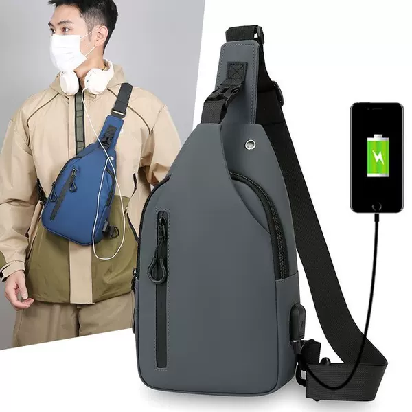 New cross-border men's chest bag with a high-end feel, men's water-resistant crossbody bag, shoulder bag with USB charging