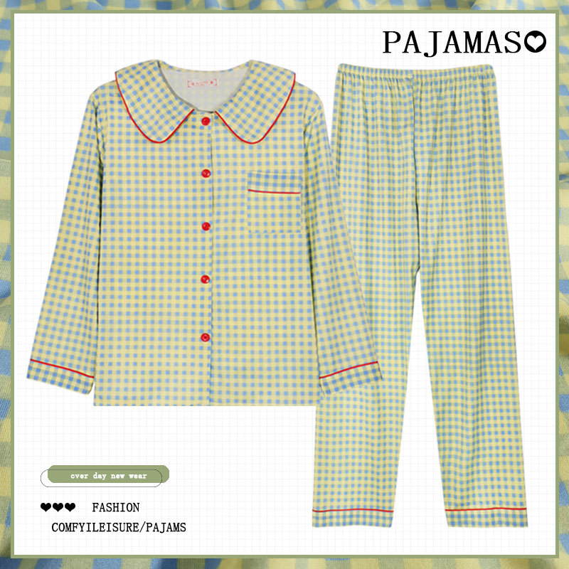 Pijamas a cuadros de algodón para mujer primavera y otoño 2025 nuevo estilo lindo traje de servicio a domicilio de manga larga de perro de pudín estilo ins