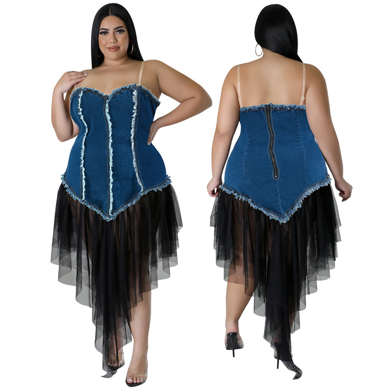 Damen Plus Size Kleid Mit Denim Patchwork Und Mesh Für Jeden Anlass_voghion.com