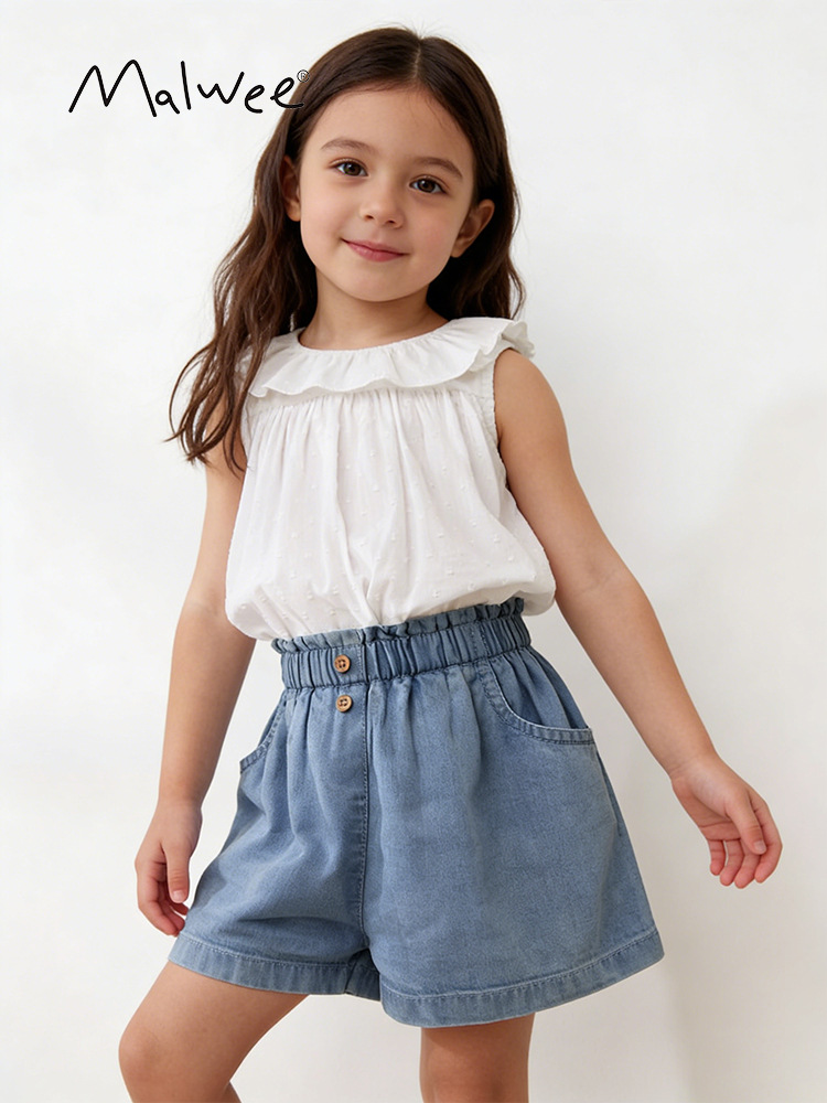 Cross-border malwee jeans de niñas, ropa de verano, nuevos pantalones casuales de cintura elástica, jeans de niñas europeas y americanas