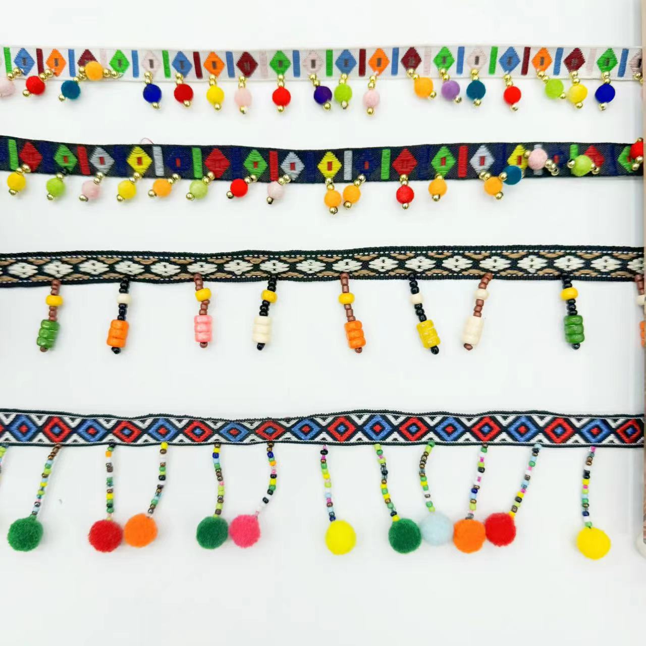 现货民族风手工花边米珠木珠古风服装辅料毛球织带