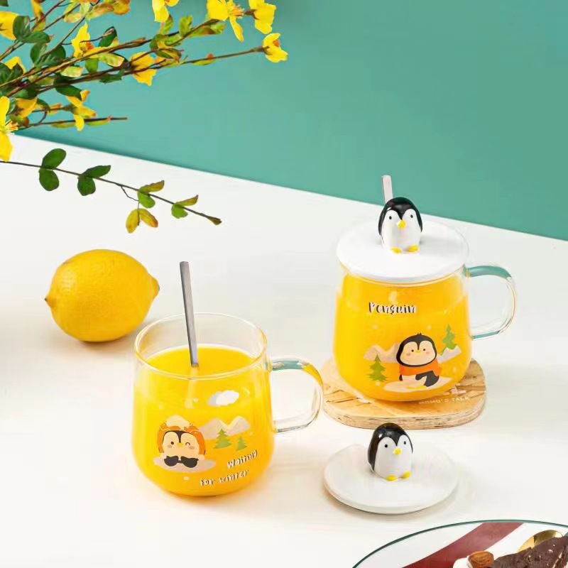 Dibujos Animados lindo 3D pingüino taza de cristal con tapa cuchara limón Corea Oficina beber
