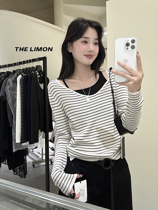 THE LIMON柠檬绿茶秋季女韩系简约撞色拼接百搭假两件长袖针织衫|undefined