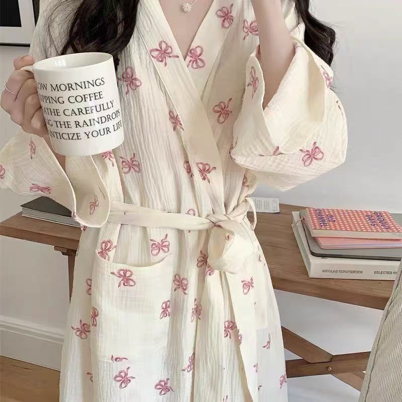 [High-Quality Imitation Cotton] Bow-Knot Nightgown, Pajamas for Women, Sweet and Cute Loose-Fitting Long-Sleeved Bathrobe