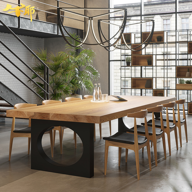 Nordic Style Solid Wood Office Conference Table, Industrial Style Retro Rectangular Iron and Wood Desk, Company Office Desk Nordic Style Solid Wood Office Conference Table, Industrial Style Retro Rectangular Iron and Wood Desk, Company Office Desk