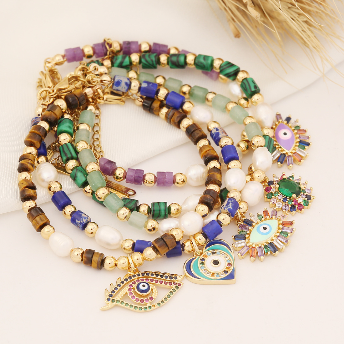 Glam Devilu0027S Eye Copper Beaded Artificial Pearls Natural Stone Bracelets