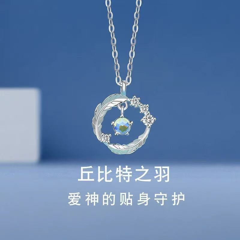 网红爆款新宝儿浅羽毛项链女锁骨吊坠轻奢小众设计感新潮网红简约