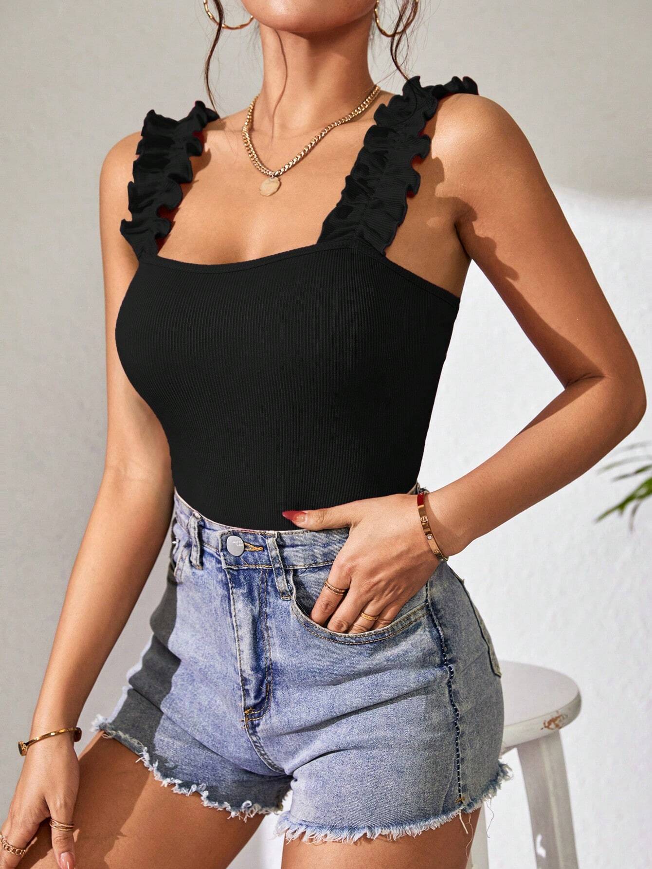 133g Weight Sleeveless Sleeve Length Spandex, Polyester Fabric Type Mid Waist Waist Line Rompers Pants Type Stretchy Elasticity Bodysuits Tops Type Holiday, Daily Occasion Skinny Fit Type Solid Color Pattern Summer Season Women's Gender Ruffles Design Sexy, Streetwear Style Wholesale Women's Sexy Streetwear Solid Color Sleeveless Ruffles Bodysuits 3