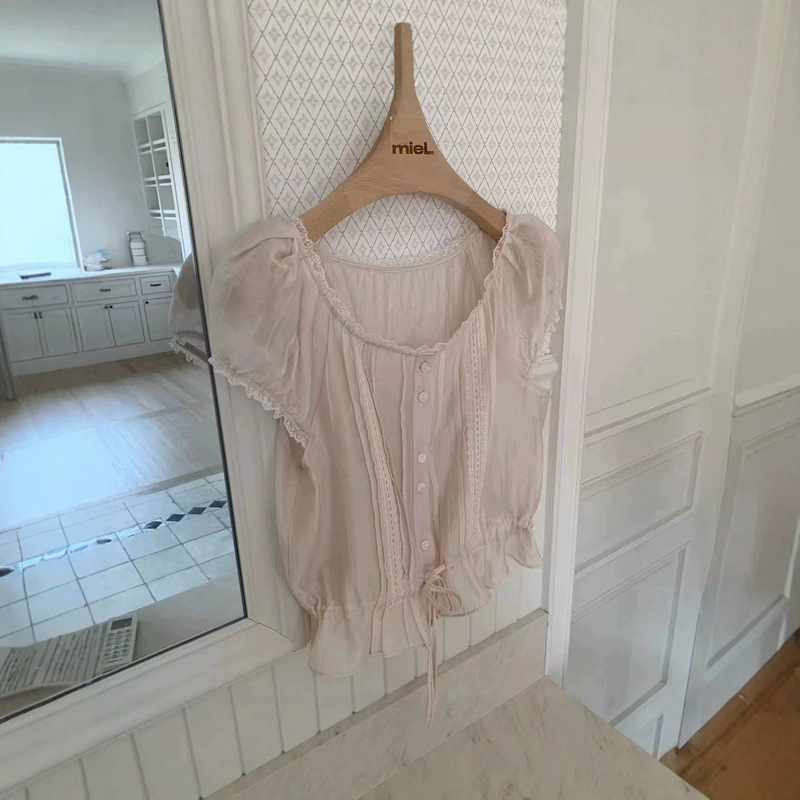 Now Available: Korean Designer Mi*Lle Casual Lace-Up Shirt, Korean-Style Women's Lightweight Slimming Lace Short-Sleeve Top