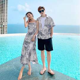 2026情侣装沙滩海边旅游水墨画露背绑带连衣裙男短袖衬衫