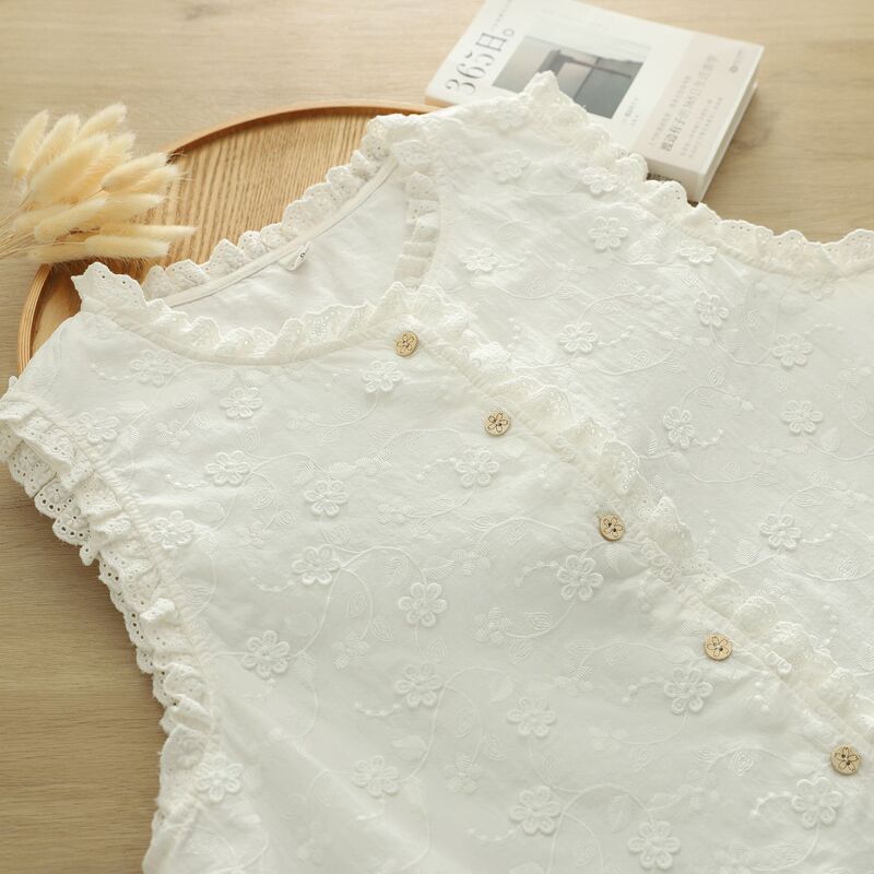 Japanese Mori Girl Embroidered Jacquard Cotton Sleeveless Single-Breasted Vest Women's Ruffled Cardigan Vest