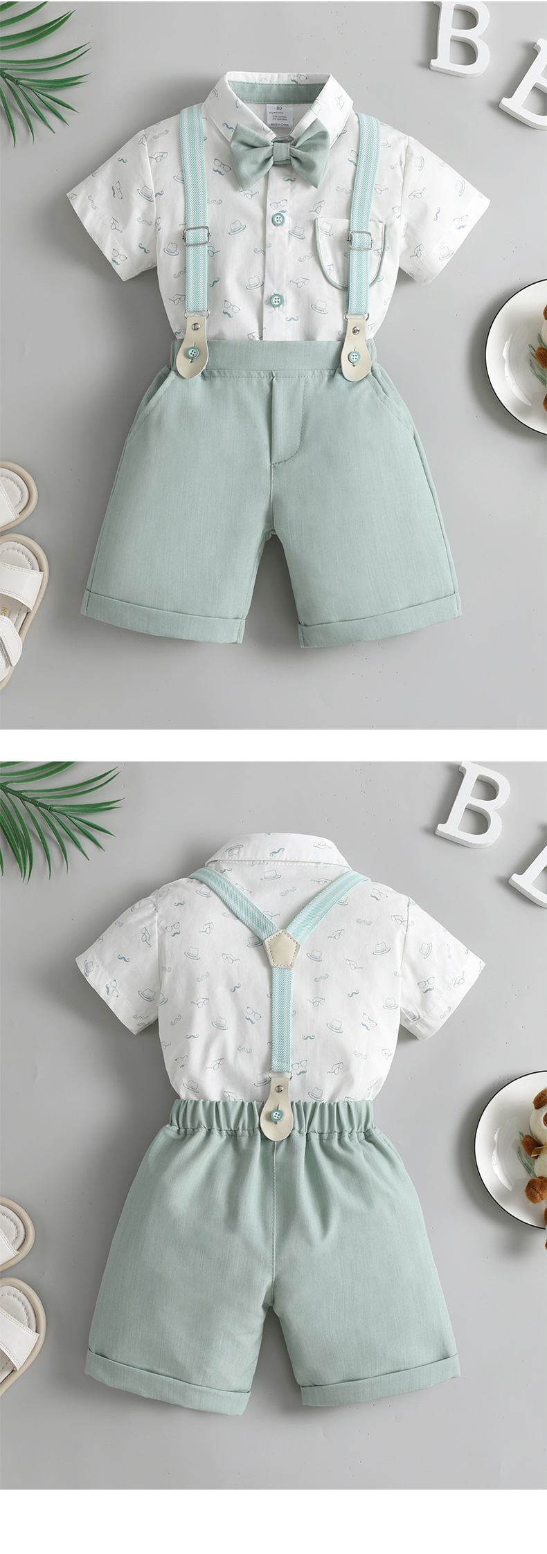 外贸童装批发夏季新款背带裤两件套男童夏装宝宝英伦绅士儿童套装