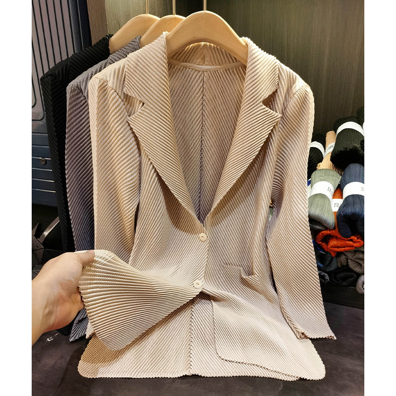 Casual Pure Color Dragon Scale Pleated Suit Jacket Elegant Work Clothing Two Button Long Sleeve Cardigan Women's Autum New Style
