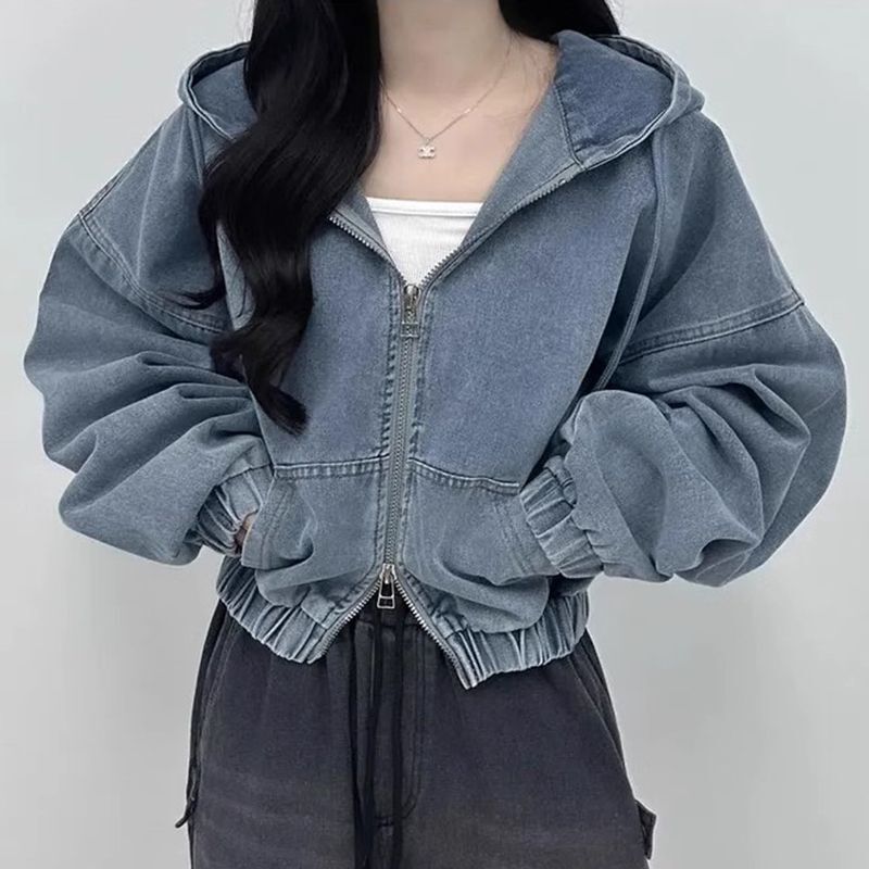 韩国chic春秋港风气质双拉链宽松休闲百搭短款长袖连帽牛仔外套女|undefined