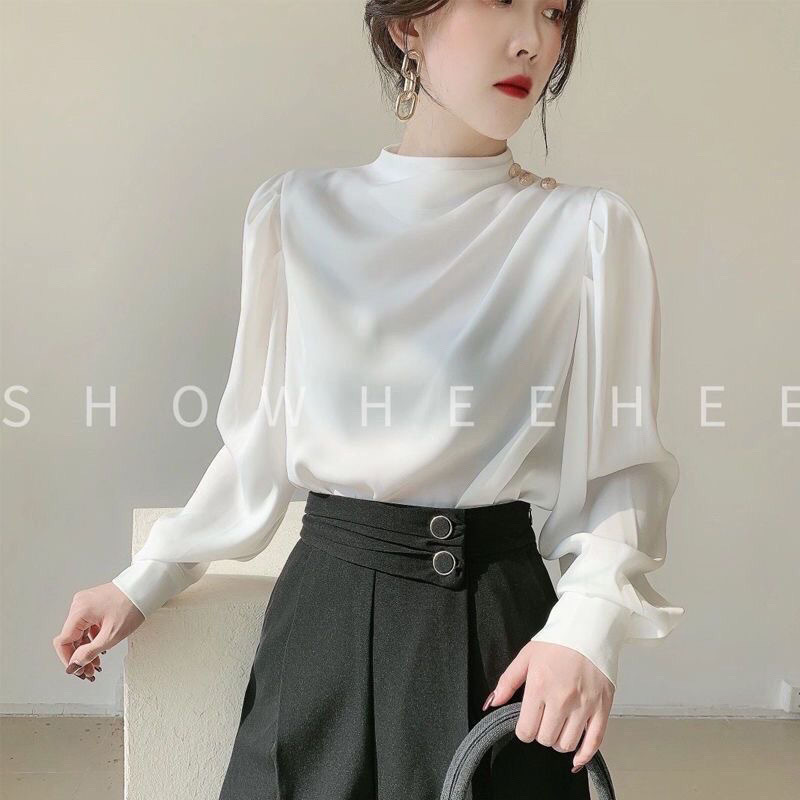 シャツレディースデザインニッチレトロ香港スタイルシャツサテンアセテートプロフェッショナルスタイルファッショナブルなスタンドカラートップ秋|undefined