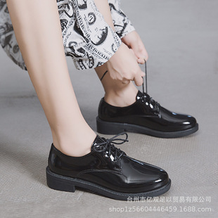 Professional Black Leather Shoes British Round Toe Women's Shallow Mouth Flat Heel Shoes Student Lace-up Shoes Chunky Heel Casual Shoes