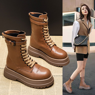 New Mid-Calf Boots for Women British Style Thick-Soled Short Boots 2025 Autumn and Winter Small People Heightening Fleece-Lined Women's Shoes