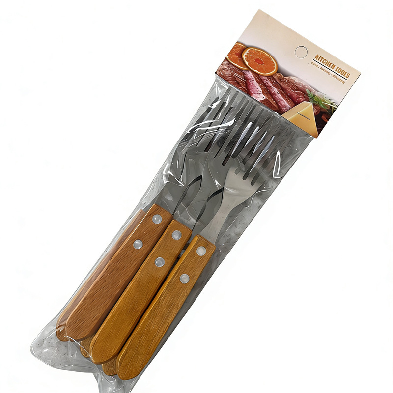 Comercio exterior de acero inoxidable cuchillo tenedor cuchara set 6pc mango de madera cuchillo de filete tenedor set 3pc cubiertos al por mayor