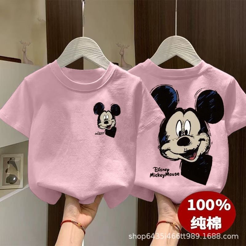 Mickey Mouse Kidsren's Printed T-Shirt New Pure Cotton Short-Sleeved Boys and Girls 2026 Summer Boys' Cute Printed Tops