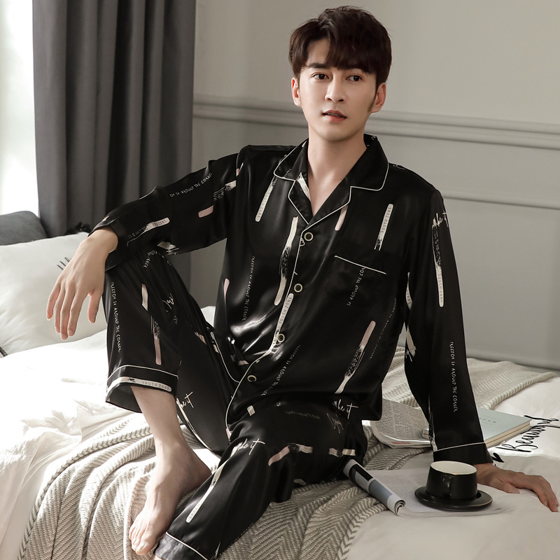 봄과 가을 남성 긴팔 바지 실크 파자마 중년 실크 홈 의류 플러스 사이즈 세트 아이스 실크 얇은 실크