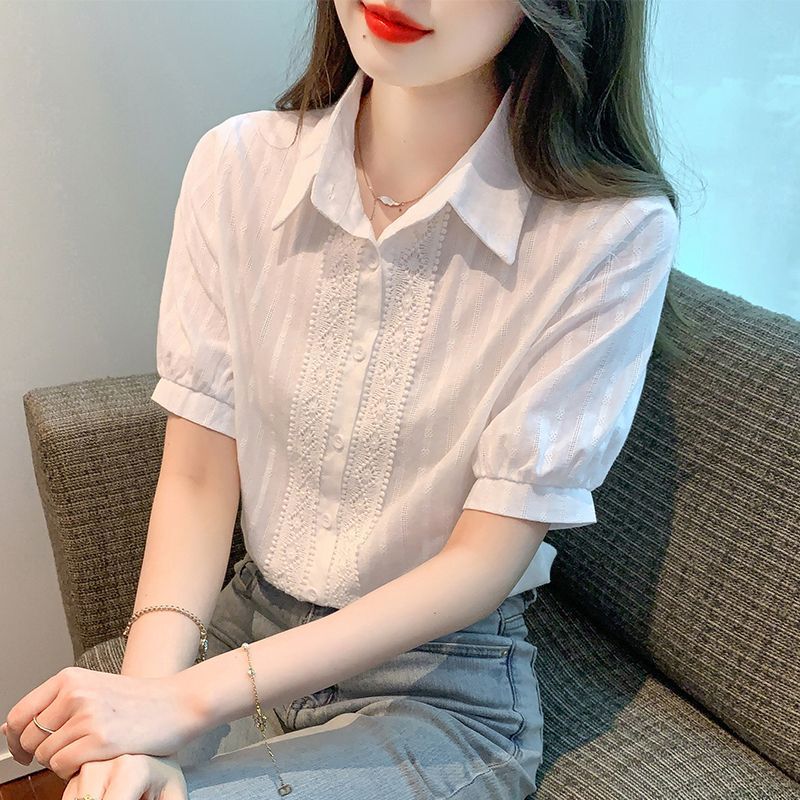 French Lace Splicing Short-Sleeved Shirt for Women Summer New Style Slimming Top Professional White Shirt