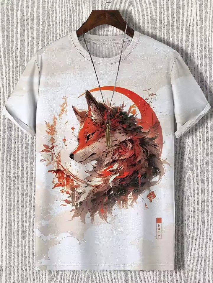 Tinta Jianghu Cat Dog Hero 3D Impresión digital Spot Moda callejera para hombres Camiseta de manga corta con cuello redondo y hombro