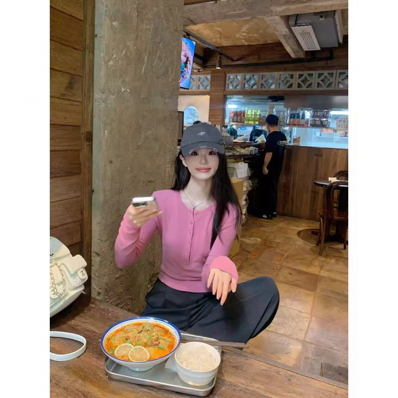切糕自制小个子早秋新款女长袖T恤针织衫打底衫粉色内搭上衣|undefined