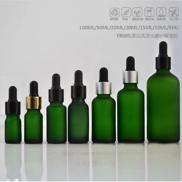 100ml50ml30ml20ml15ml10ml5ml green frosted oil bottle electro-aluminum glass rubber head dropper