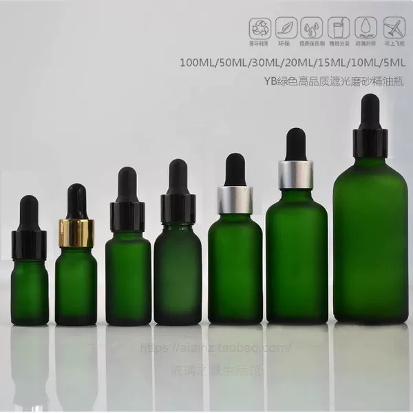 100ml50ml30ml20ml15ml10ml5ml green frosted oil bottle electro-aluminum glass rubber head dropper
