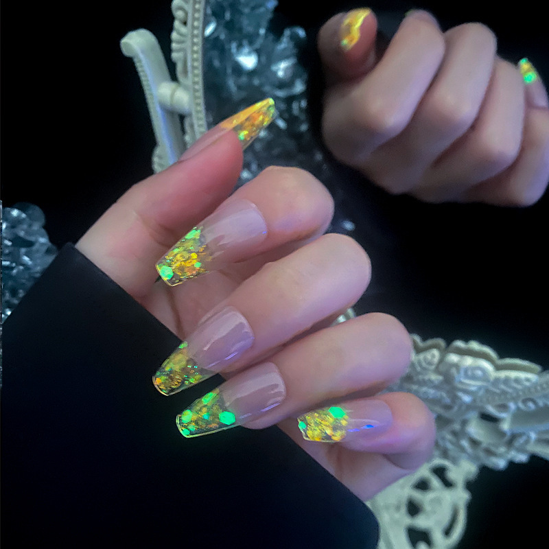 Korean Style Luminous Large Sequins Long Coffin Nail Art High-grade Slim Long Dressing Armor Removable Finished Fake Nail