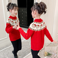 2024新款女童麻花毛衣復古粗毛線衫針織衫卡通小熊頭加厚毛衣春