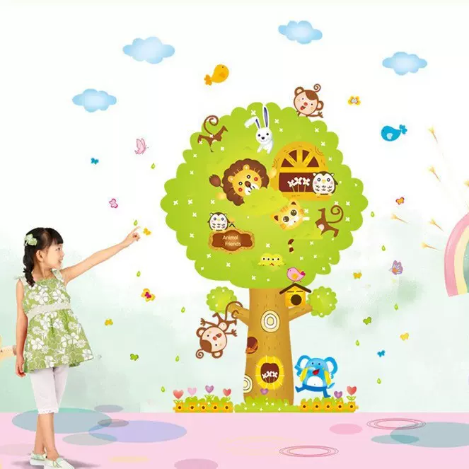 动物树屋 儿童卡通贴纸画创意组合画森林大树背景装饰墙贴ay227
