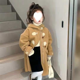 童装男女童秋冬装格子牛角扣毛呢大衣洋气中长款女孩连帽加厚外套