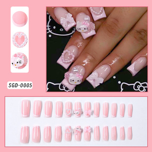 Xiaohongshu's Popular 24-Piece Kt Cat French Manicure Nail Patches Handmade Wearable Nails for Girls Wearable Nail Patches
