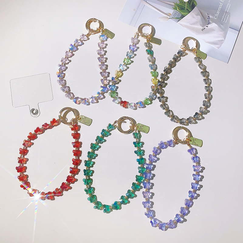 Ins-style mobile phone pendant high-level butterfly crystal handmade beaded short mobile phone chain key chain key ring