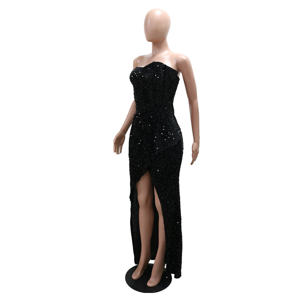 Sequined Evening Dress Sexy Tube Top Irregular Asymmetric Dress Trailing Dress Women