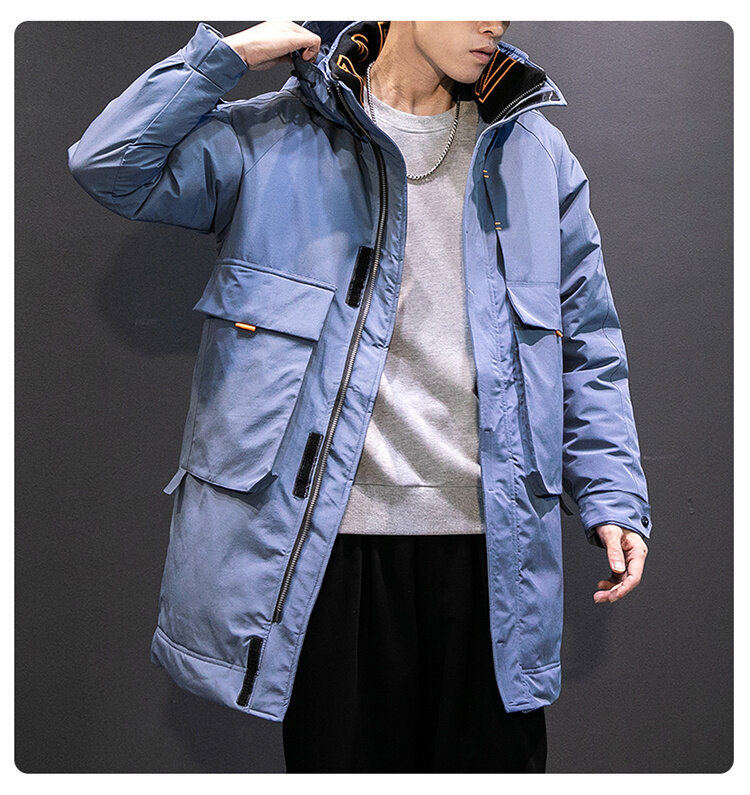 Men's Long Winter Workwear Down Jacket With Hood, Lightweight Warm Parka Coat For Cold Weather, Water-Resistant Polyester Shell, Machine Washable_voghion.com