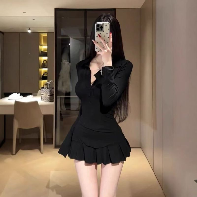 法式纯欲辣妹黑色连衣裙两件套装女2025新款秋季气质微胖掐腰短裙|undefined