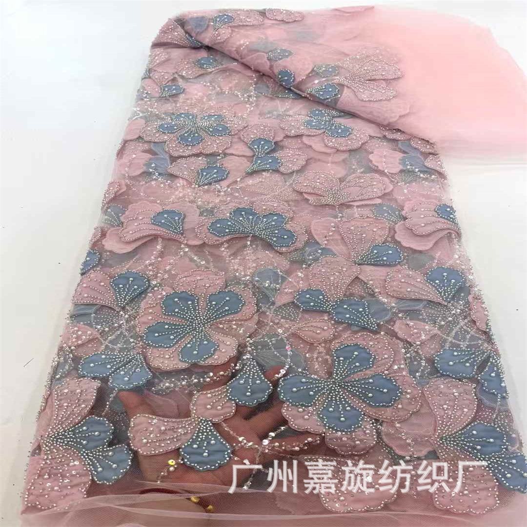 Nueva malla, cuentas, hojas pequeñas, correas, tela bordada tres en uno, tela de moda de vestido de novia de estilo Hepburn de Sudáfrica