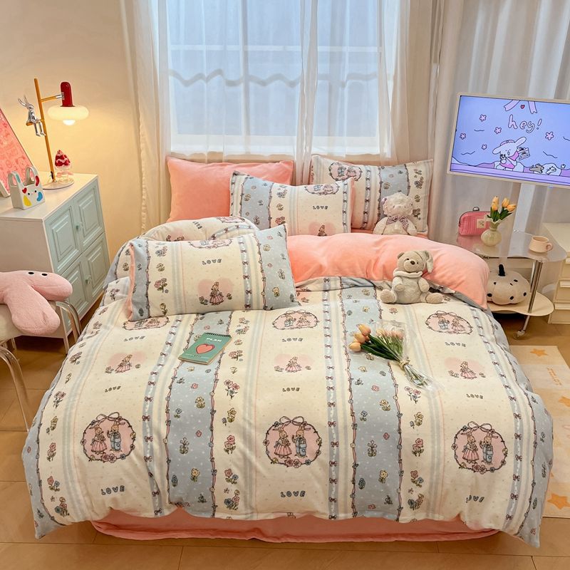 ins风冬季加厚双面小清新牛奶绒防静电四件套被套宿舍三件套床品