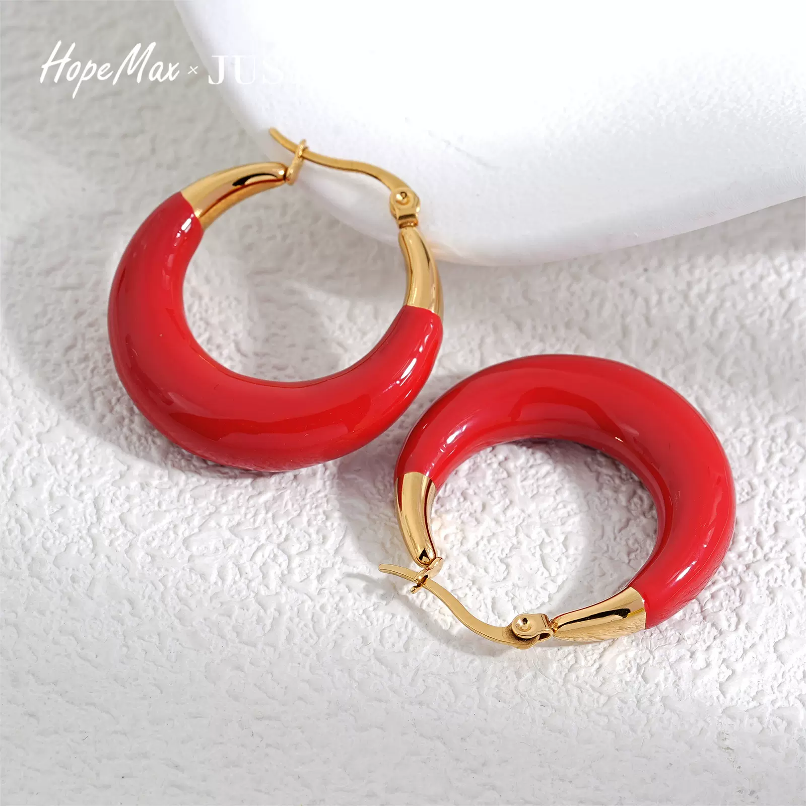 JUSTOP 法式中国红色耳饰 红色双面滴油耳环 琳琅金色18K包边耳坠
